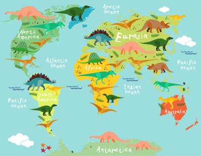 Fototapete Kinderweltkarte mit Dinosauriern