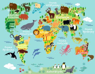 Sticker Karte der Welttiere in polnischer Sprache
