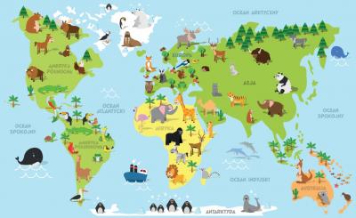 Fototapete Karte mit Kontinenten und Tieren