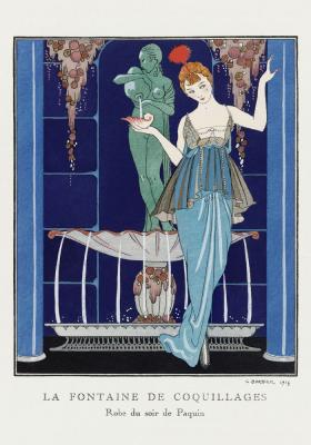 Poster Frau im eleganten Kleid am Springbrunnen