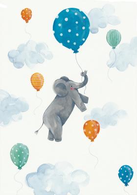 Poster Elefant mit Luftballon in den Wolken