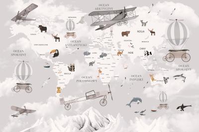 Fototapete Die Weltkarte mit Tieren und Flugzeugen für Kinder