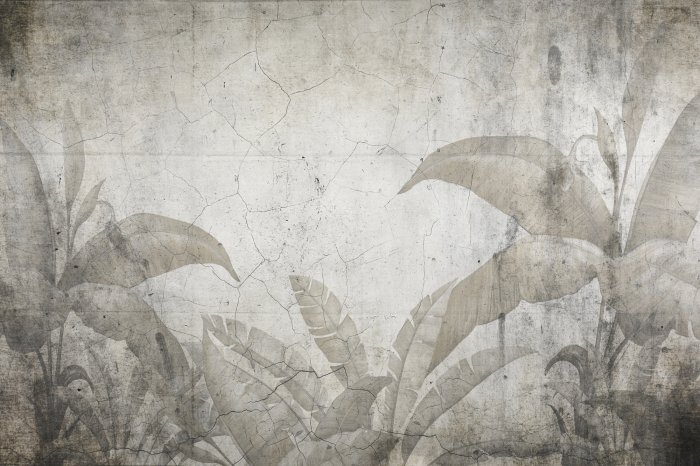 Fototapete Tropische Pflanzen vor einem Hintergrund aus rissigem Beton