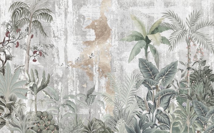 Fototapete Tropische Dschungelbäume und Vögel auf einem konkreten Hintergrund