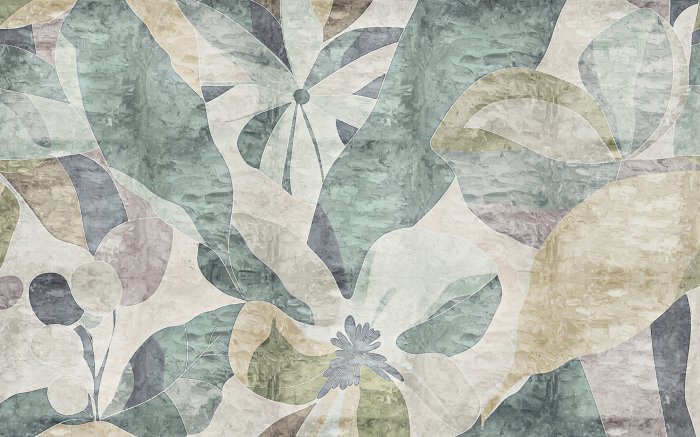 Fototapete Blätter und Blüten im abstrakten Stil auf strukturiertem Hintergrund