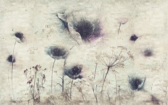 Fototapete Wildblumen Mohnblumen auf einem strukturierten Hintergrund im Loft-Stil