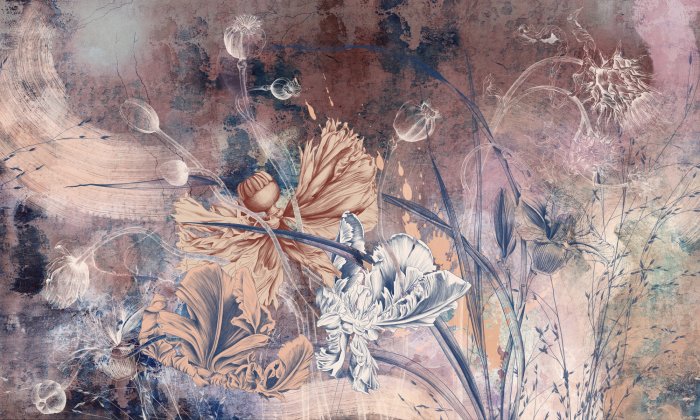 Fototapete Feldmohnblumen auf Betonhintergrund im Industriestil