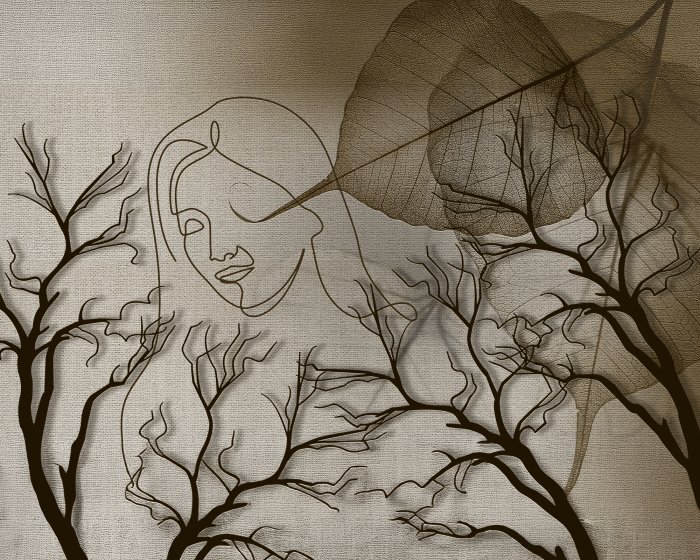 Fototapete 3D-Skizze einer Frau zwischen Bäumen und Blättern