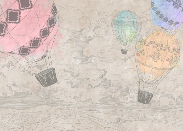 Fototapete Bunte Luftballons vor einem beigen Landschaftshintergrund