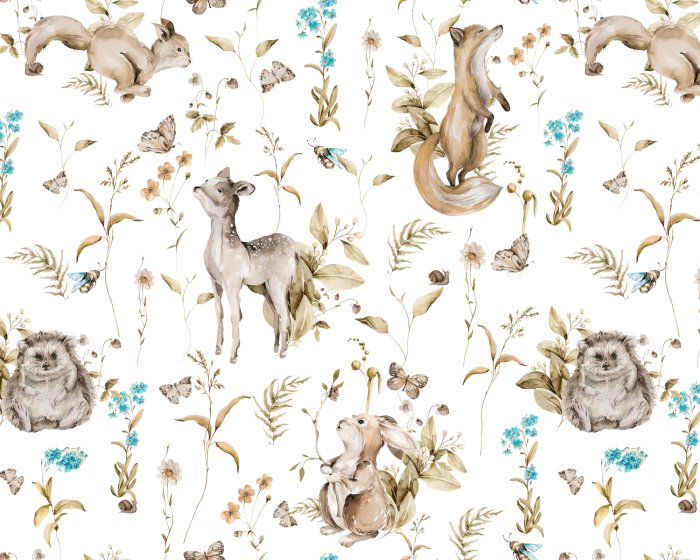 Fototapete Aquarell Waldtiere und Pflanzen auf weißem Hintergrund