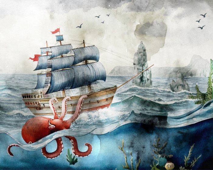 Fototapete Oktopus und Schiff auf See Muster für Kinder
