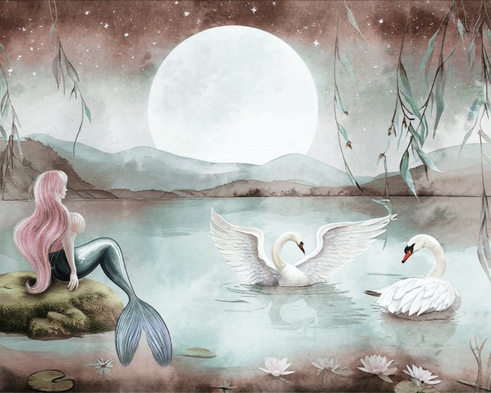 Fototapete Meerjungfrau und Schwäne unter dem Vollmond
