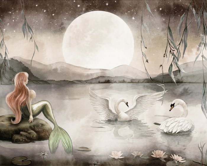 Fototapete Meerjungfrau und Schwäne bei Vollmond Kindermuster