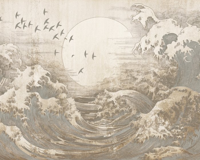 Fototapete Eine große Welle mit dem Mond im Hintergrund