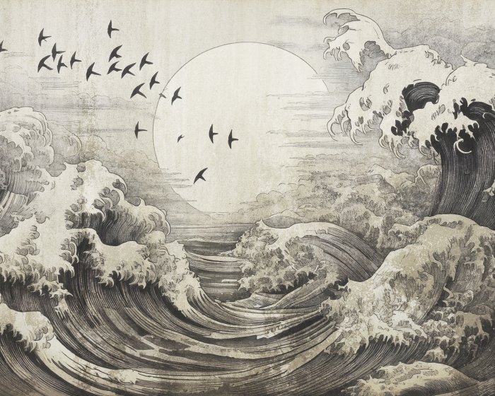 Fototapete Landschaft mit großer Welle und Vollmond