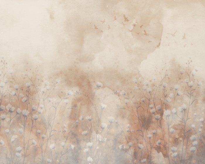 Fototapete Wildblumen und Vögel Aquarell Landschaft