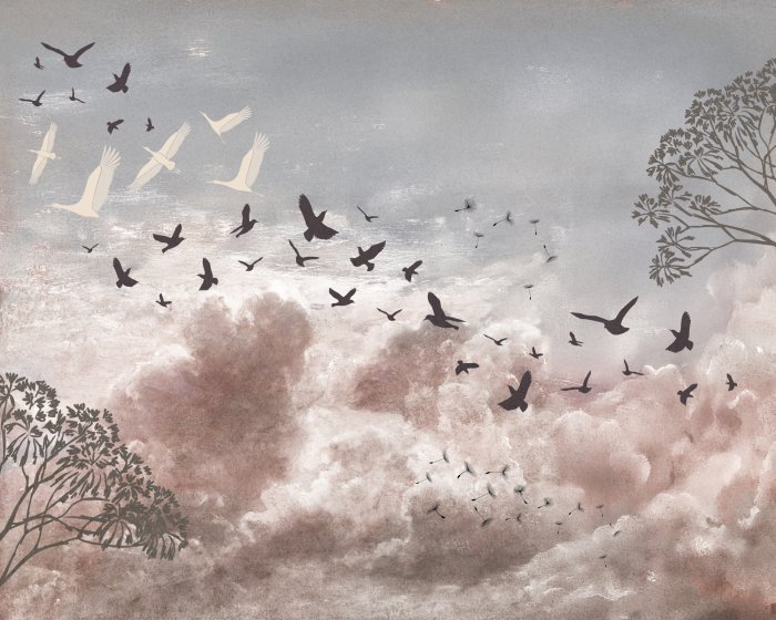 Fototapete Vögel und Löwenzahnsamen vor einem bewölkten Himmel