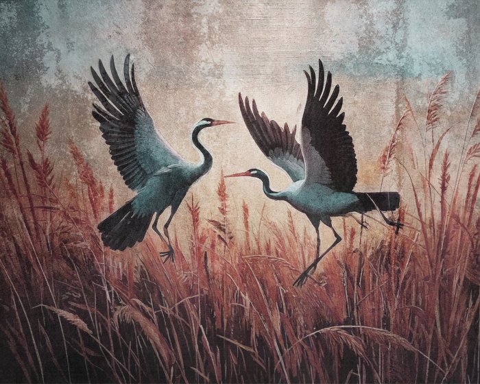 Fototapete Reiher und Pflanzen auf einem strukturierten Hintergrund