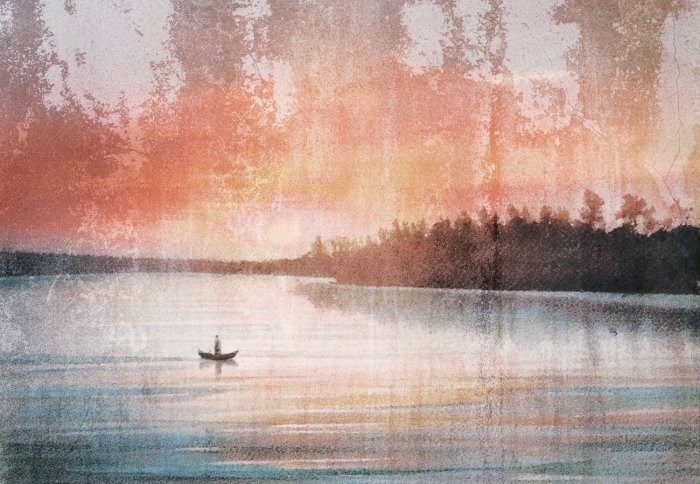 Fototapete Landschaft eines Bootes auf einem See mit Betonstruktureffekt