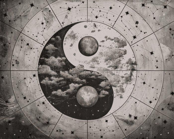 Fototapete Yin-Yang-Symbol auf einem Sternenhintergrund