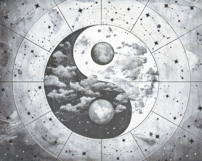 Fototapete Schwarz-weißes Yin-Yang-Symbol auf einem Sternenhintergrund