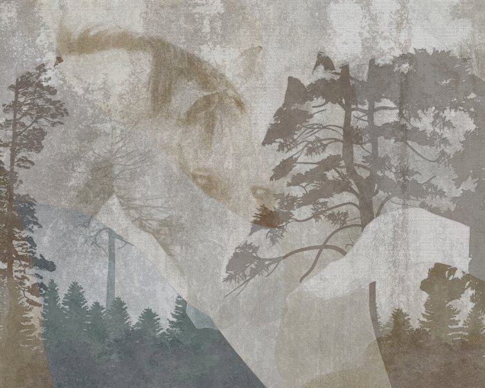 Fototapete Abstraktes Porträt eines Pferdes vor einer Waldlandschaft