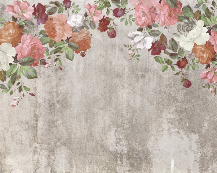 Fototapete Bunte Blumen hängen von oben vor einem Betonhintergrund