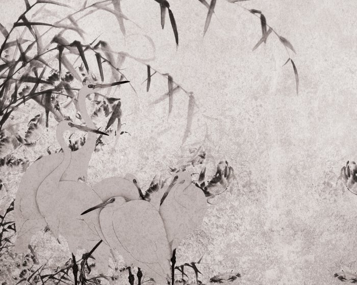 Fototapete Reiher und Bambuszweige auf strukturiertem Hintergrund