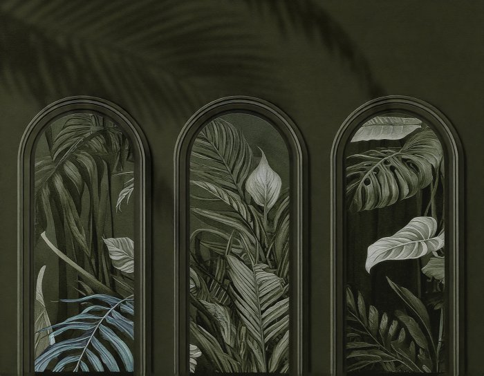 Fototapete Tropische grüne Blätter in 3D-Bögen