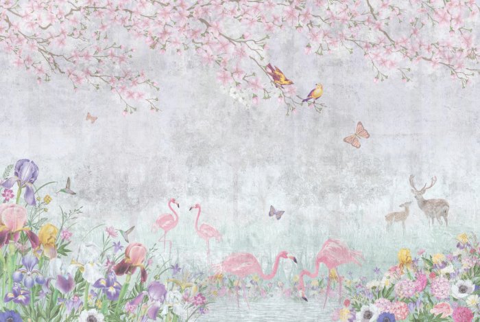 Fototapete Flamingos und Waldtiere zwischen bunten Blumen