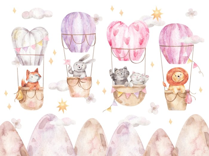 Fototapete Aquarellmuster mit Tieren und Luftballons für Kinder
