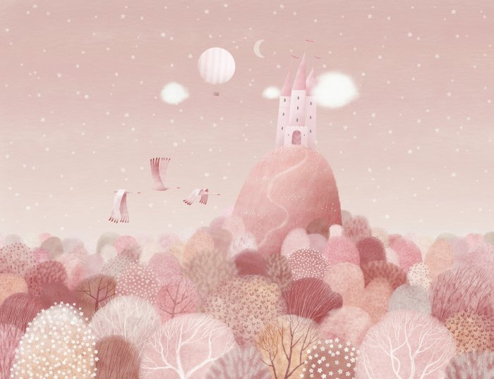 Fototapete Schloss auf einem Hügel rosa Märchenlandschaft