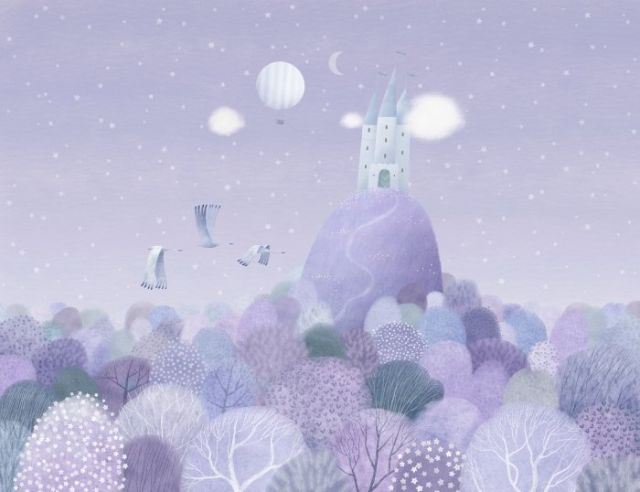 Fototapete Ein Schloss auf einem Hügel zwischen Bäumen, eine märchenhafte Landschaft