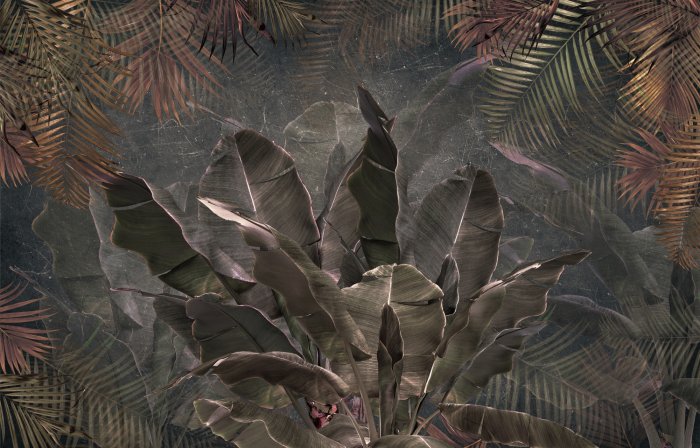 Fototapete 3D-Bananenbäume und Palmblätter auf dunklem Betonhintergrund