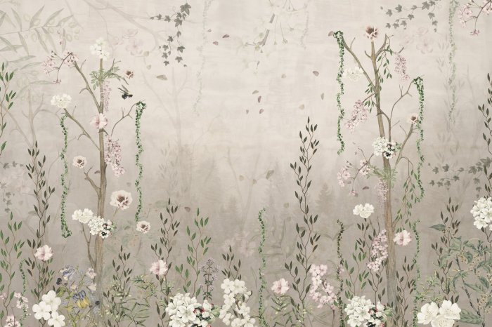 Fototapete Grüne Pflanzen und Blumen im Vintage-Stil