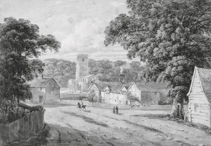 Fototapete Schwarz-weiße ländliche Landschaft mit einer Siedlung