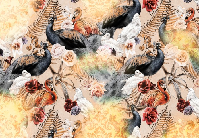 Fototapete Eine Komposition mit Vögeln zwischen Ornamenten und Blumen