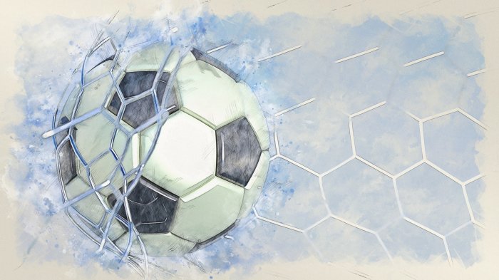 Fototapete Fußball in einem Netz auf blauem Aquarellhintergrund