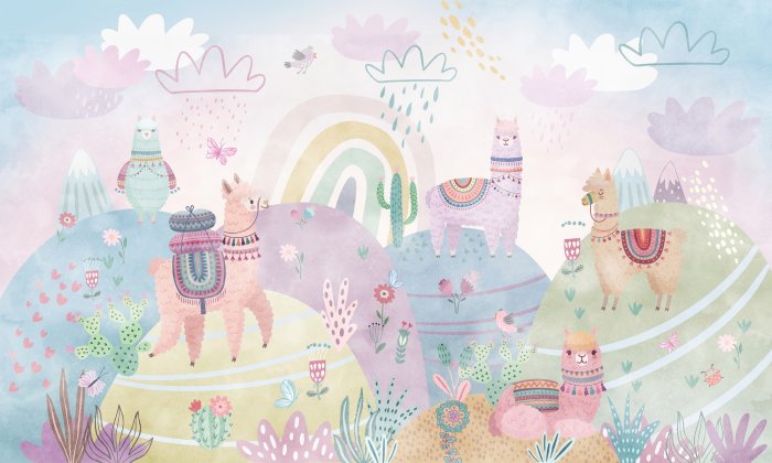 Fototapete Lamas in einer Märchenwelt buntes Muster für Kinder