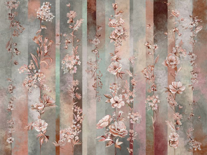 Fototapete Blumen auf Ranken mit gestreiftem Hintergrund