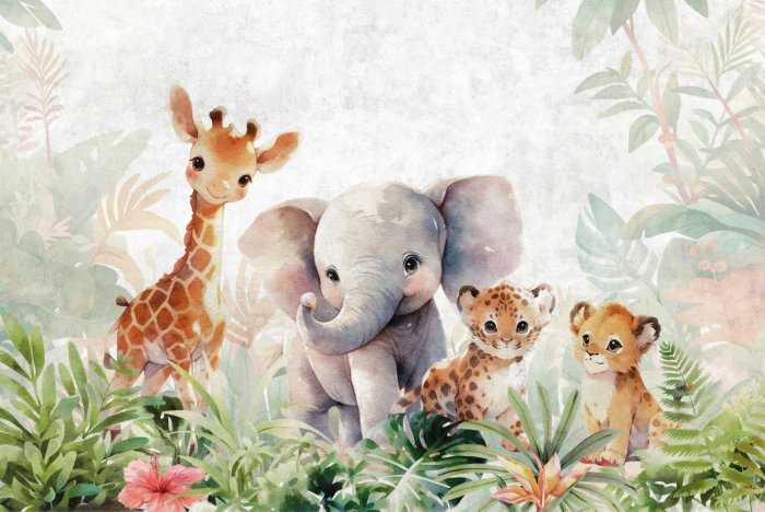 Fototapete Aquarell-Tier- und Blattmuster für Kinder