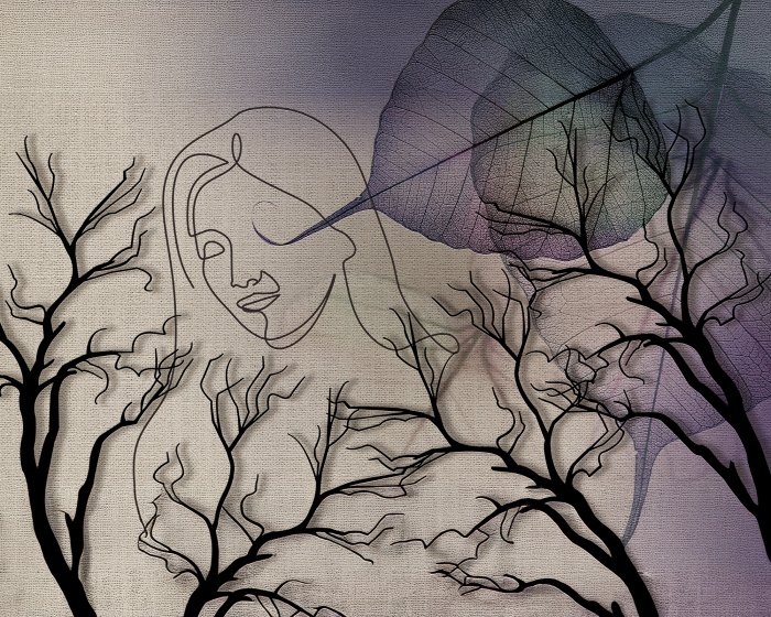 Fototapete 3D-Skizze einer Frau zwischen Ästen und Blättern