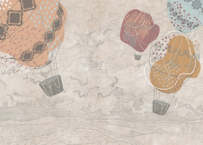 Fototapete Beige Skizzenlandschaft mit Luftballons