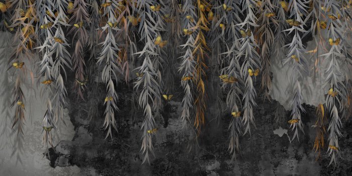 Fototapete Hängende Ranken einer Pflanze auf dunklem Betonhintergrund