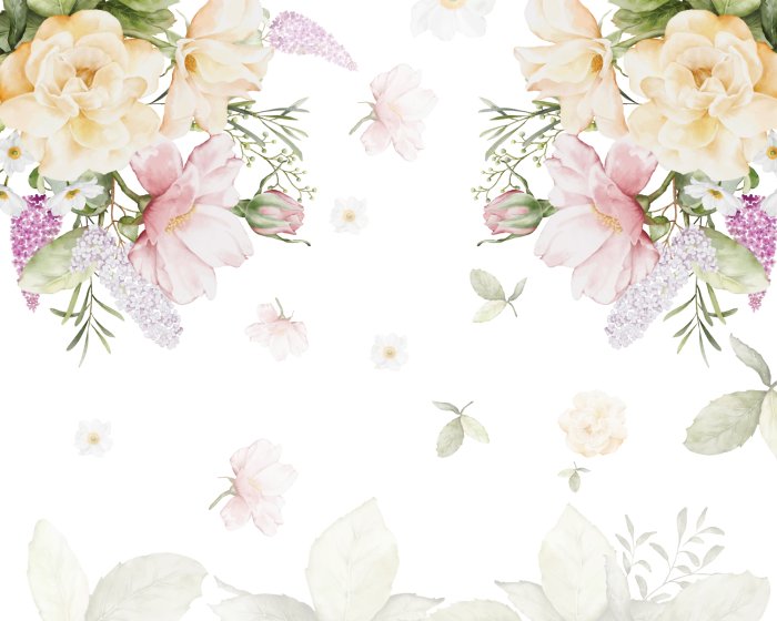 Fototapete Aquarellblumen und -blätter auf weißem Hintergrund