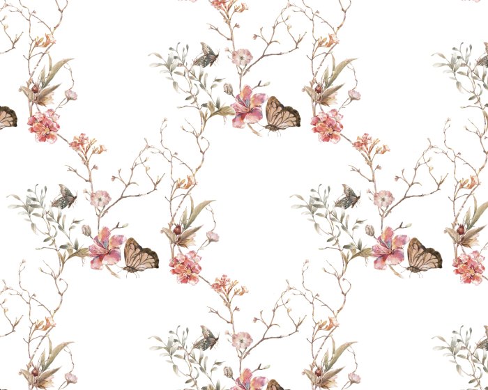 Fototapete Schmetterlinge und Blumen im Aquarellstil auf weißem Hintergrund