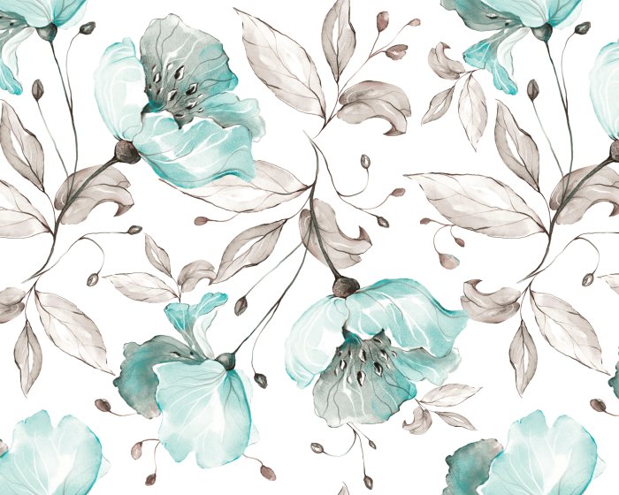 Fototapete Blumen und Blätter in Aquarell auf weißem Hintergrund gemalt