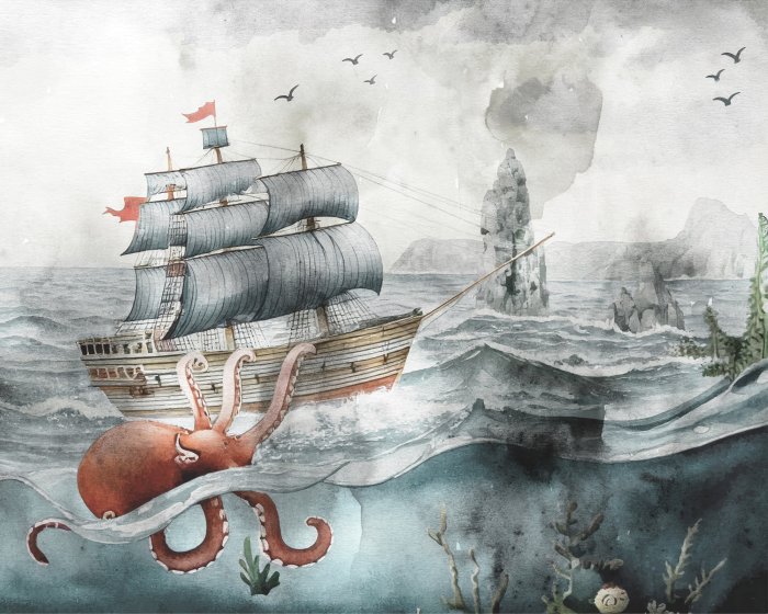 Fototapete Schiff auf See und Oktopus-Muster für Kinder