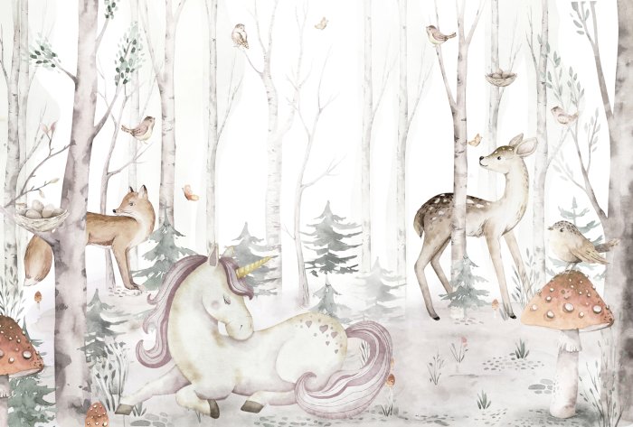 Fototapete Ein Einhorn und Tiere zwischen den Bäumen in einem Märchenwald