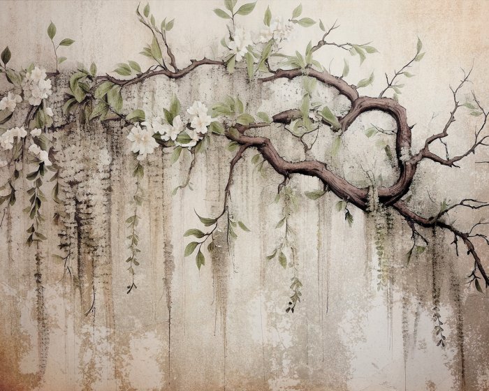 Fototapete Weiße Blumen auf einem Baum mit einer Betonstruktur im Hintergrund